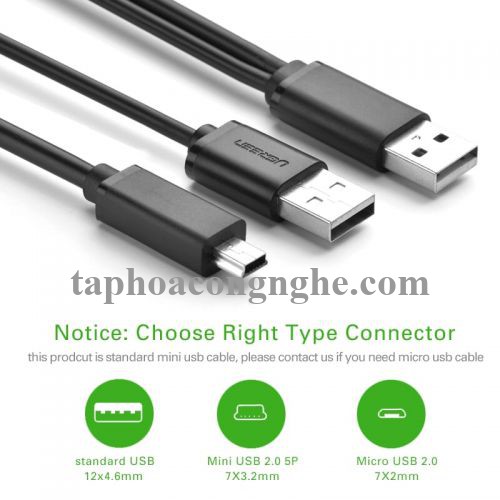 Ugreen 10346 0.5M màu Đen Cáp sạc truyền dữ liệu USB 2.0 sang MICRO USB có trợ nguồn USB US107 30010346